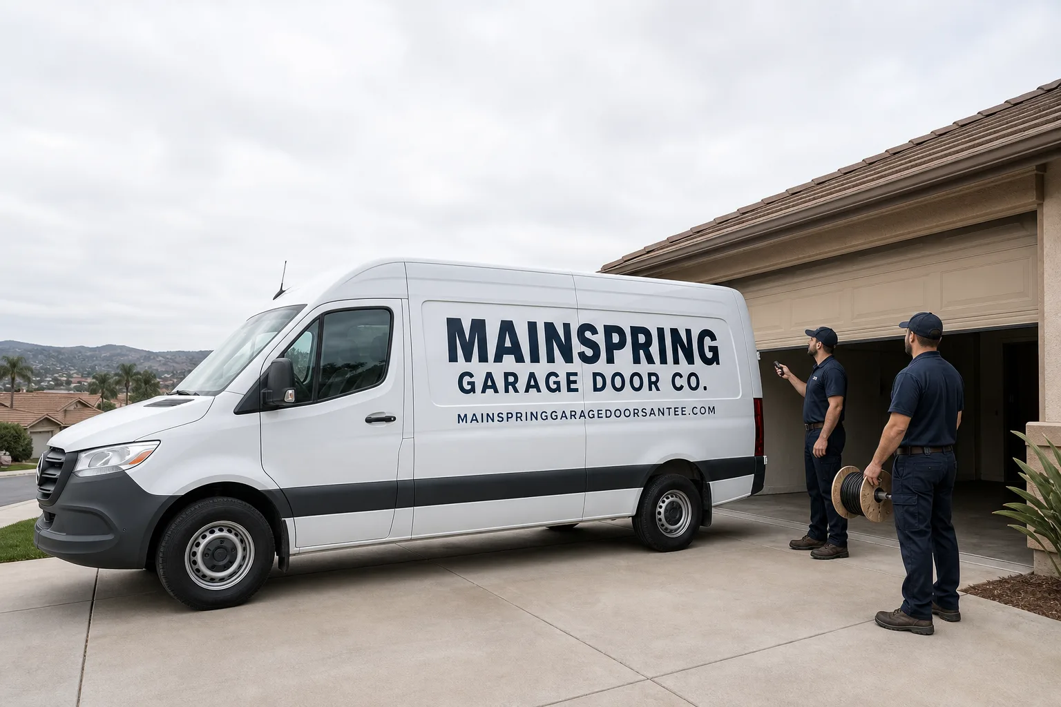 Mainspring Garage Door Co. garage door service vehicle and crew in Santee, CA